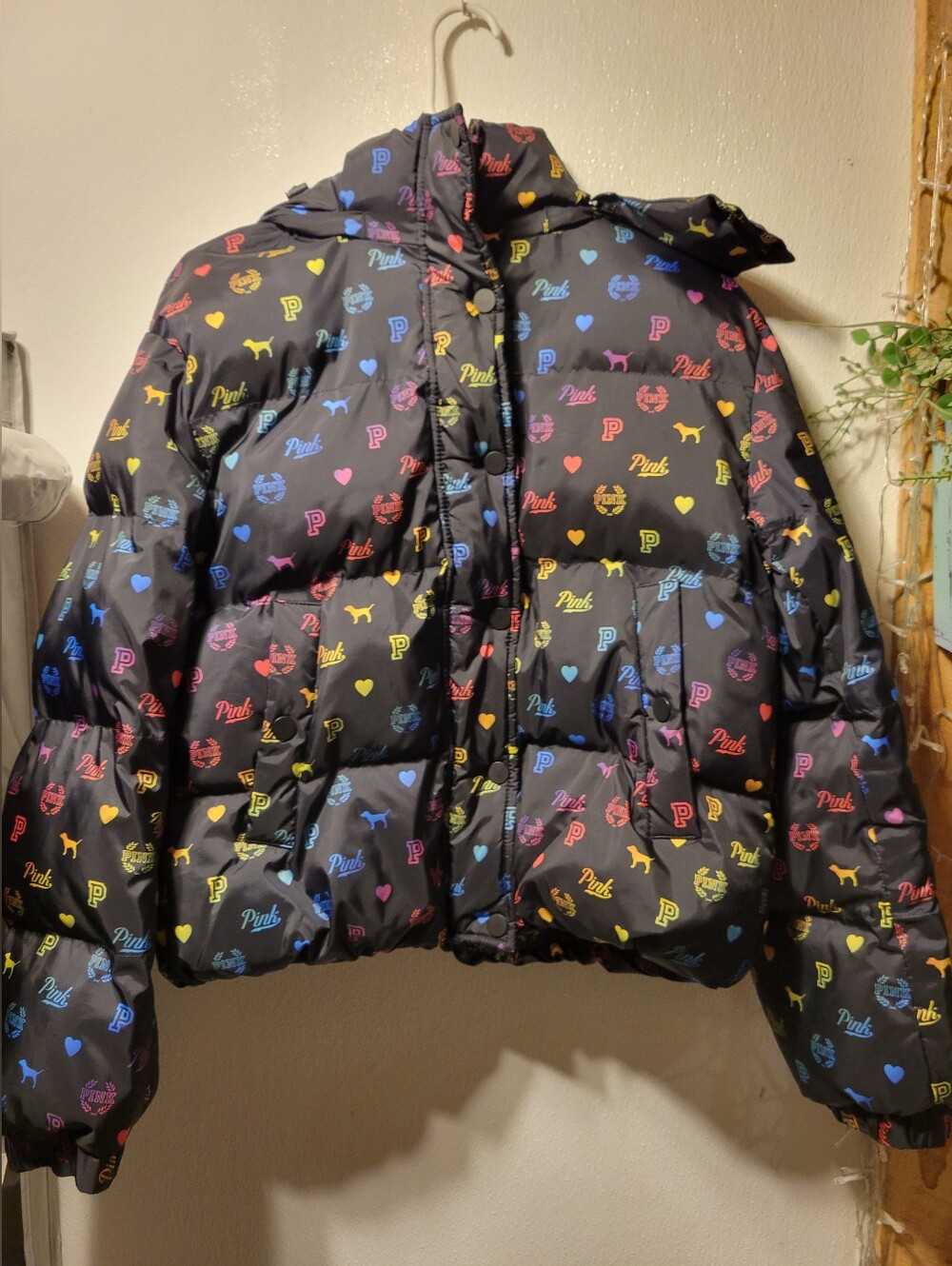 PINK Victoria's Secret Black Puffer Jacket with Multicolor Logo Hearts (RARE)